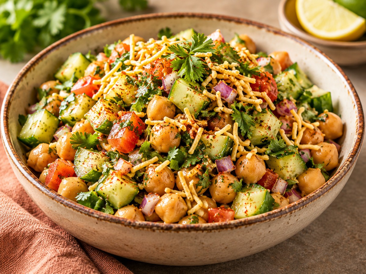 Chickpea Cucumber Chaat plated food photograph