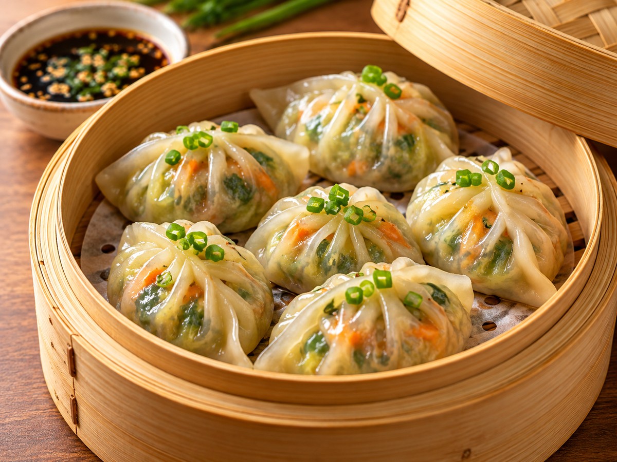 Steamed Veg Dumplings Side plated food photograph